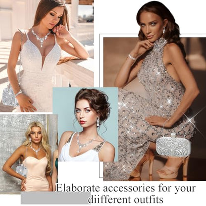 Quelay 4 Pcs Purse Rhinestone Jewelry Set for Wedding Bridal Women Handbag with Necklace Bracelet Dangle Earrings(Classic,Silver)