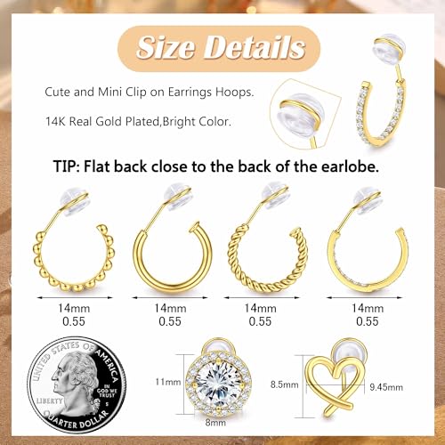 Sanfenly Clip On Earrings for Women 14K Gold Plated Non Pierced Gold Clip On Hoops Earrings Small Cute Chunky CZ Heart Adjustable No Piercing Earring Hypoallergenic Fake Earrings Set（12 Pcs Gold/Silver）