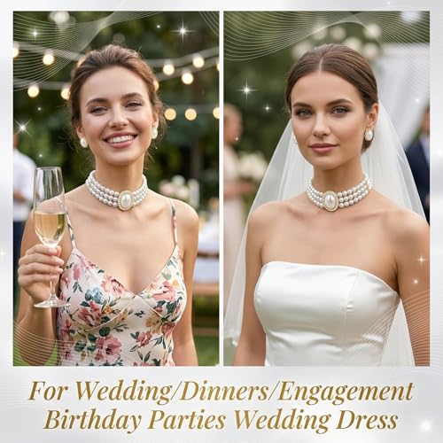 Ymapinc Big Pearl Choker Necklace and Earring Set for Women, Vintage Faux Pearl Jewelry Set, Bride Wedding Prom Party Costume Accessories, Elegant Classic Pearls Choker Gift