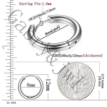316L Surgical Stainless Steel Huggie Hoop Earrings 8MM Silver Stud Earrings Set Hypoallergenic Earrings for Women Men Girls