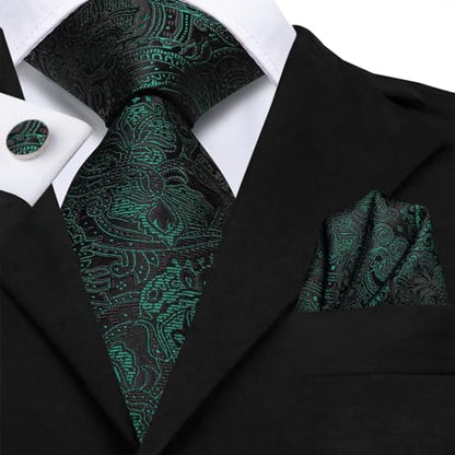 Hi-Tie Men 63inches Tie Set Extra Long Necktie Paisley Tie Pocket Suqare Cufflinks Big and Tall Men Tie - color: Black Green Forest