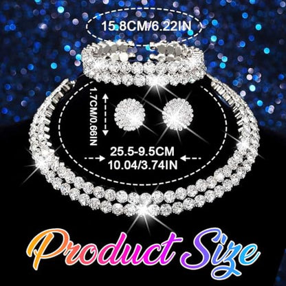Silver Jewelry Set Rhinestone Necklace Earrings Bracelet Sets Wedding Prom Formal Jewelry for Women and Brides - color: Silver