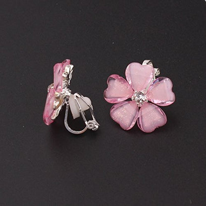 Silver Plated or Gold Plated Opal Flower Shape Clip on Earrings Non Piercing for Women - color: Pink