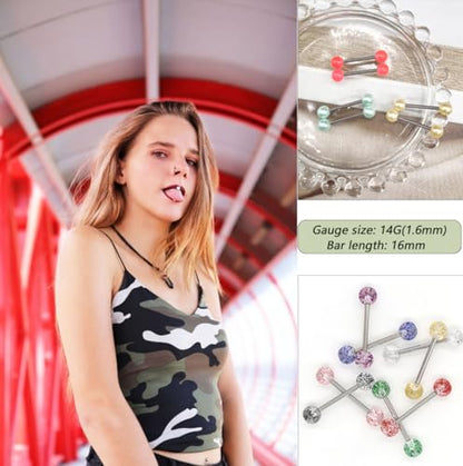 48Pcs 14G Glow in Dark Flexible Stainless Steel Straight Tongue Barbell Nipple Ring Retainer Piercing Jewelry for Women Men 16mm Bar