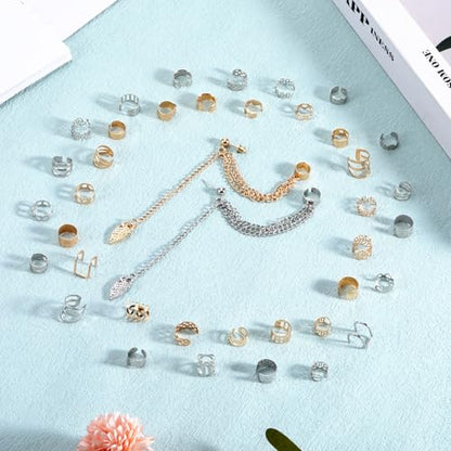 60 Pcs Non Piercing Ear Cuffs Earrings Women Ears Clip on Cartilage Earring Adjustable Fake Earrings Ear Wrap Earring Jewelry for Helix Cartilage, Silver Gold