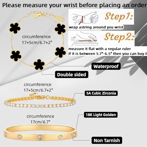 Gold Bracelet Stack,18K Gold Plated Clover Bracelet Love Gold Bangles Tennis Bracelet,3Pcs Gold Bracelets for Women Trendy Non Tarnish Gold jewelry for Women Gift - color: BLACK