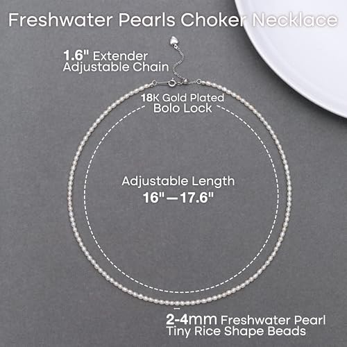Pearls Necklace, Freshwater Tiny Small Pearls Necklace for Women's Pearl Strand Necklace Chain 18K Gold Plated Hypoallergenic White Necklace as Prom Bridesmaid Birthday Gifts - color: Rice Pearls, 18KWGP Lock