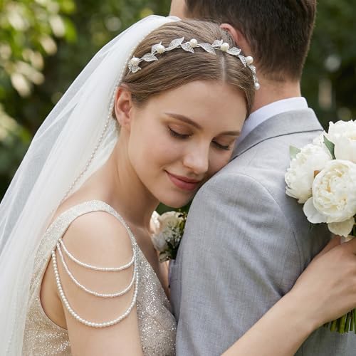 SWEETV Silver Bridal Headband, Pearl and Crystal Leaf Wedding Hair Accessories, Delicate Rhinestone Tiara Headpiece for Brides Bridesmaids Girls Prom Party