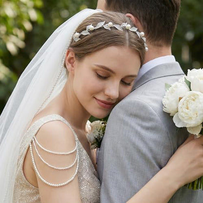 SWEETV Silver Bridal Headband, Pearl and Crystal Leaf Wedding Hair Accessories, Delicate Rhinestone Tiara Headpiece for Brides Bridesmaids Girls Prom Party