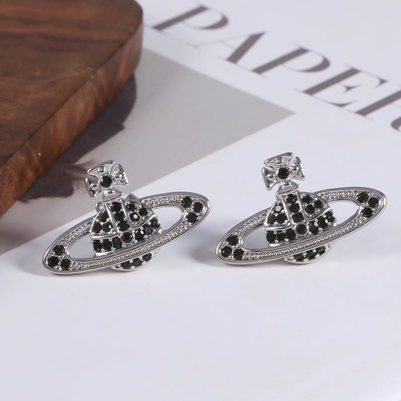 Dreuyet Saturn Pearl Necklace and Earrings Set Crystal Planet Earrings Dainty Artificial Pearl Choker Necklace Charm Gifts for Mum Wife Wedding Birthday Anniversary - color: Black with Bracelet