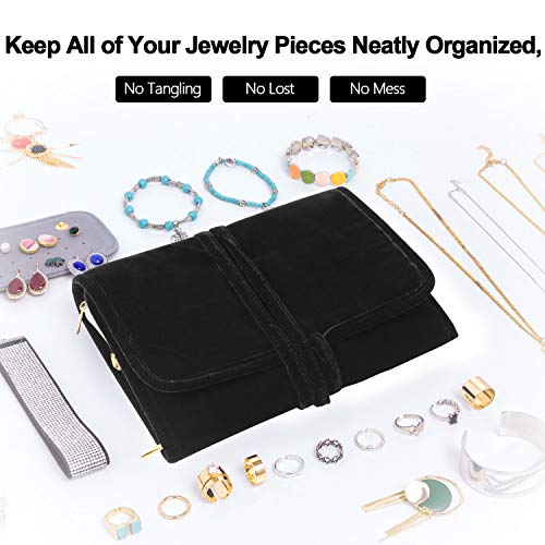 Teamoy Velvet Travel Jewelry Roll Organizer, Jewelry Storage Bag, Black | Foldable Jewelry Case for Necklaces, Earrings, Bracelets, Rings, Large, Soft, Compact and Easy to Carry - color: Velvet-Black