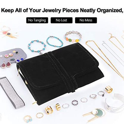 Teamoy Velvet Travel Jewelry Roll Organizer, Jewelry Storage Bag, Black | Foldable Jewelry Case for Necklaces, Earrings, Bracelets, Rings, Large, Soft, Compact and Easy to Carry - color: Velvet-Black