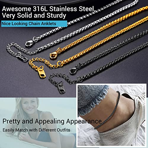 PROSTEEL Ankle Bracelets for Women, Silver/Gold/Black, Waterproof Anklets | Waterproof, Stainless Steel, Summer Beach Jewelry, Durable & No Tarnish, Come with Gift Box, 8-10.5" Adjustable, Plus Size - color: G: black-rope chain-3mm