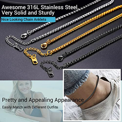 PROSTEEL Ankle Bracelets for Women, Silver/Gold/Black, Waterproof Anklets | Waterproof, Stainless Steel, Summer Beach Jewelry, Durable & No Tarnish, Come with Gift Box, 8-10.5" Adjustable, Plus Size - color: G: black-rope chain-3mm
