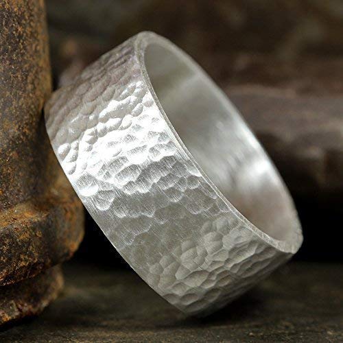 925 Sterling Silver Wedding Ring Hammered Flat Pipe Cut Textured Thick & Durable Handmade Unisex Mens & Women Rustic Engagement Promise Band - US Size 4-13 - Custom Engraving - color: 01 - 9mm Silver