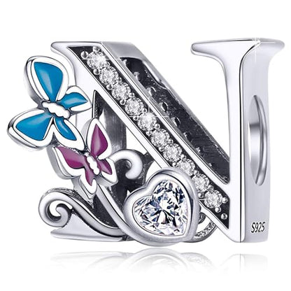 S925 Silver Butterfly Initial Letter Charms Fit for Pandora Charms Bracelets and Necklace Alphabet Bead Charms Jewelry Gifts for Women - color: N
