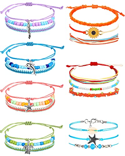 Hicarer 21 PC Surfer Wave Friendship Bracelet Set Waterproof Adjustable Boho Beach String Anklets Bulk, Summer Gift for Women - style: Fresh Style