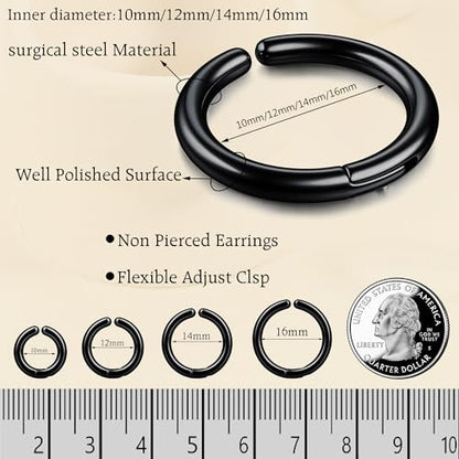 YADOCA 8 Pieces Clip On Earrings For Men Women Non-Piercing Fake Earrings Stainless Steel Clip On Hoop Earring Cool Earrings Ear Clips Set for Gifts - style: Black: 10/12/14/16mm