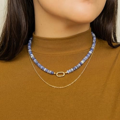CONRAN KREMIX Colorful Stone Beaded Necklace for Women,Natural Gemstone Bead Choker Necklaces Boho Summer Beach Layering Necklace Jewelry Gift for Women - color: Blue & White
