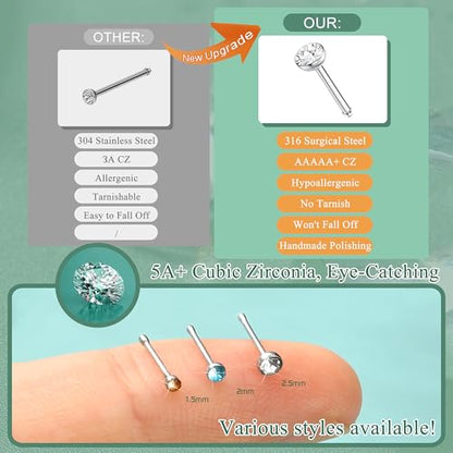 THUNARAZ Straight L Shaped Stainless Steel Nose Studs Rings Piercing Pin Body Jewelry 20G-22G 1.5mm 2mm 2.5mm - color: E:120Pcs White CZ/Colourful CZ(22G Straight)