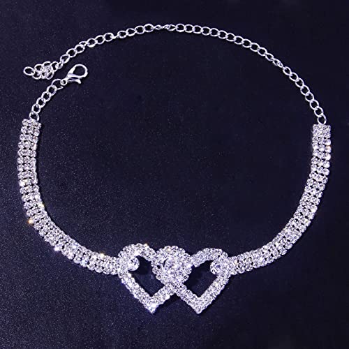 Fesciory Heart Rhinestone Ankle Bracelets for Women, Adjustable Silver Plated Shiny Tennis Anklets, Twinkle Cubic Zircon Imitation Diamond Anklet Foot Chain Jewelry Gifts - color: Double Heart Set
