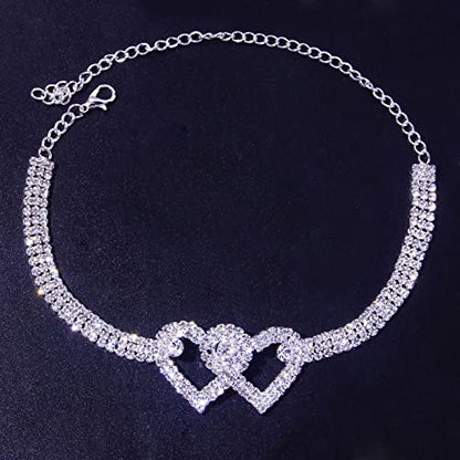 Fesciory Heart Rhinestone Ankle Bracelets for Women, Adjustable Silver Plated Shiny Tennis Anklets, Twinkle Cubic Zircon Imitation Diamond Anklet Foot Chain Jewelry Gifts - color: Double Heart Set