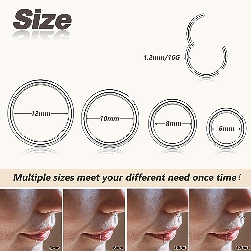 4/5/8 pcs 16G/18G/20G 316L Surgical Steel Hinged Nose Rings Hoops Lip Septum Rings Helix Conch Rook Cartilage Tragus Earrings Piercing Jewelry Black Silver Gold Plated Nose Rings Women Men - color: Gold and Silver - 16G (6mm-12mm) - 8PCs