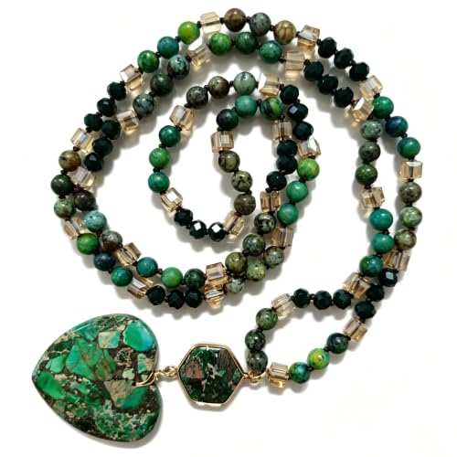 Yomisa Long Necklaces for Women Trendy, 33/34/35 inch | Boho Beaded Necklaces for Women, Natural Stone Pendant, Handmade Knotted Bead, Bohemian Holiday Summer Western Charm Jewelry - color: Love-Green