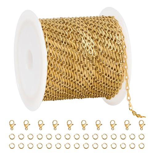 UMAOKANG 16.4 Feet Gold Plated Chain for Jewelry Making Stainless Steel Link Chain Bulk with Jump Rings Lobster Clasps - color: Link Gold