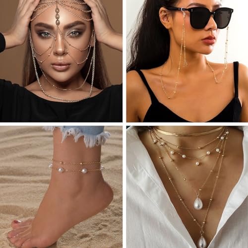 Kyutong Necklace Chains for Jewelry Making Beaded Chain Roll | 16.4 Feet Gold Plated Stainless Steel Jewelry Chains Bulk with Lobster Clasps Jump Rings for Bracelet Ankle Making - color: Gold-6