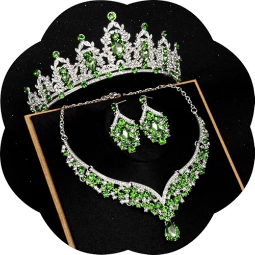 Crowns and Tiaras jewelry sets for Wedding princess birthday party Halloween Prom Pageant Jewelry for Women Crystal Bridal Jewelry Set for women - color: Silver Green