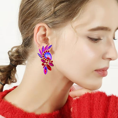 Bohemian Dainty Sparkly Crystal Teardrop Flower Dangle Drop Earrings Unique Lightweight Glitter Rhinestone Geometry Floral Stud Earrings For Women - style: Rose Red