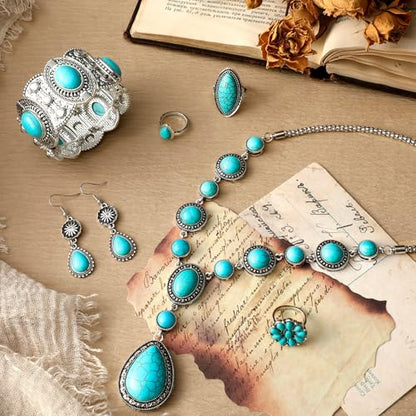Ecally Bohemian Western Jewelry Turquoise Set Women Country Pendant Long Choker Layered Bracelets Earrings Ring for Women - color: Turquoise, style: Retro