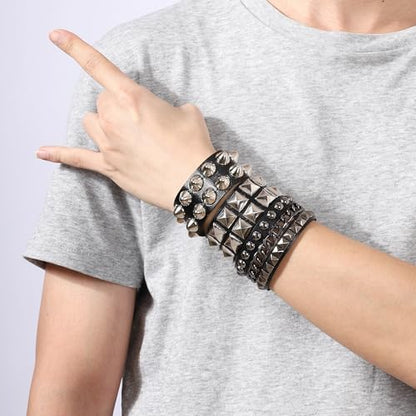 Mens Bracelet Braided Leather Punk Rock Cuff Bracelets Wrap Bracelet for Men Women Black - color: E3:3PCS