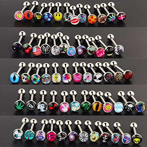 50-100pcs Surgical Steel Fancy Words Tongue Ring Logo Barbell Bars 14 Gauge Tongue Piercing Lot 5/8" - color: 100pcs