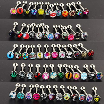 50-100pcs Surgical Steel Fancy Words Tongue Ring Logo Barbell Bars 14 Gauge Tongue Piercing Lot 5/8" - color: 100pcs