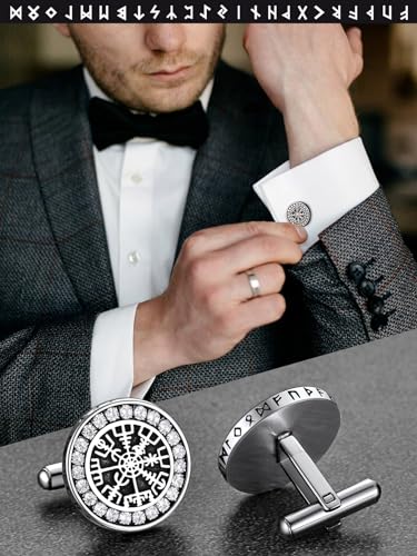 FaithHeart Mens Cufflinks, Norse Viking Tuxedo Shirt Cuff Links, Stainless Steel Cuff Links and Shirt Studs, Gift Box - style: 01. Compass CZ-Silver