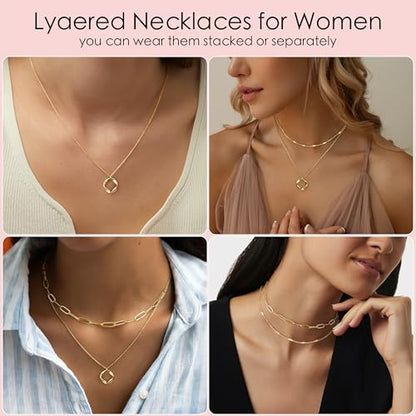 Poxtex Layered Gold Necklaces for Women, Stackable Dainty 14K Gold Silver Plated Trendy Simple Heart Diamond Cross Bow Circle Pendant Paperclip Choker Dot Chain Necklace,Jewelry Set Gifts for Women - color: Gold, style: Circle1