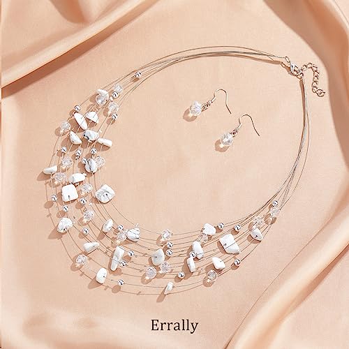 Multi-Layer Boho Shell Beaded Necklace for Women Colorful Crystal Strand with Silver Beads Statement Collars Necklace and Earrings Costumes Jewelry Sets for Women - color: 48-White