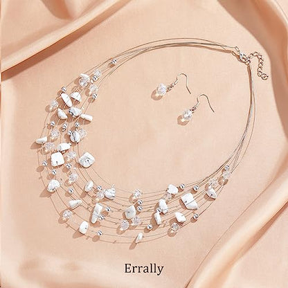 Multi-Layer Boho Shell Beaded Necklace for Women Colorful Crystal Strand with Silver Beads Statement Collars Necklace and Earrings Costumes Jewelry Sets for Women - color: 48-White