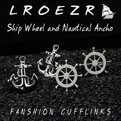 Cufflinks for Men Ship Wheel and Nautical Anchor Stainless Steel Shirt Accessories Unique Wedding Business Cuff Links for Mens Jewelry with Gift Box, 2 Pairs