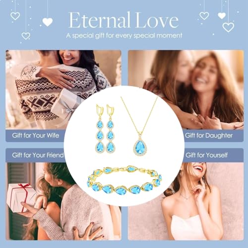 LMXXVJ Necklace Long Earrings Bracelet Set, White Gold Plated Created Blue Sapphire Jewelry Set Wedding Party Gift Jewelry for Women Bridal Bridesmaid - color: Gold-Sky Blue