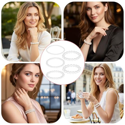 Grevosea 5 Pcs White Faux Pearl Stretch Bracelets for Women, Stackable Elastic Bridesmaid Wedding Jewelry Stackable Faux Pearl Bracelets for Women Wedding Jewelry Lady