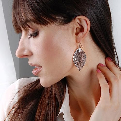 Leaf Earrings for Women - Gold or Silver Tone Filigree Dangle Earrings | Plated in Gold Tone or Silver Tone - color: 2.2" inch - Small Silver