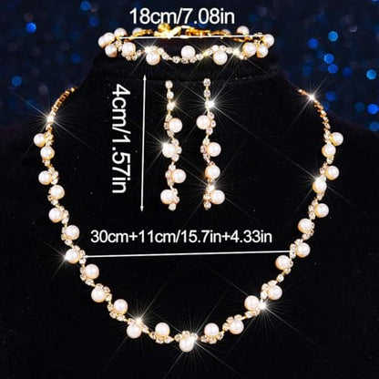 Aukmla Pearl Wedding Jewelry Sets Silver Rhinetsone Choker Necklace and Earring Bracelet Set Prom Jewelry for Brides and Women - color: Gold