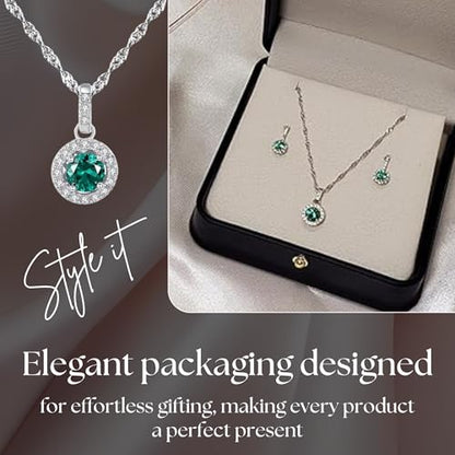 925 Sterling Silver Wedding Jewelry Set for Women - Sapphire Tone Gemstone Pendant Necklace and Stud Earrings with Cubic Zirconia Halo Design - Premium Rhodium Plated Finish - color: Green