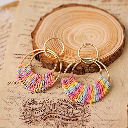 Raffia Hoop Earrings for Women Fun Boho Summer Beach Earrings Lightweight Handmade Straw Wicker Rattan Dangle Earrings Statement Geometric Round Drop Earrings - color: Colorful - Round