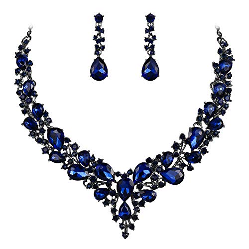 Women's Wedding Statement Necklace Dangle Earring Jewelry | Austrian Crystal Teardrop Cluster,Necklaces Earrings Set for Bride Bridesmaid,Prom Accessories - color: 07-Navy Blue Black-Tone