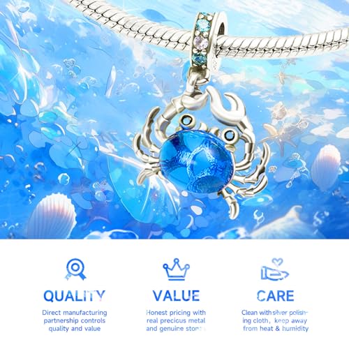 925 Sterling Silver Charms Bead for Bracelets Necklaces, Star Moon Crescent Sun Solar Pendent, Blue Ocean Starfish Shells Turtle Crab Starry Sea Cute Jewelry Birthday Gifts for Women Men - style: Crab
