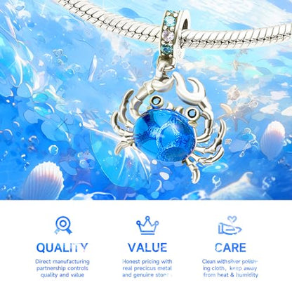 925 Sterling Silver Charms Bead for Bracelets Necklaces, Star Moon Crescent Sun Solar Pendent, Blue Ocean Starfish Shells Turtle Crab Starry Sea Cute Jewelry Birthday Gifts for Women Men - style: Crab